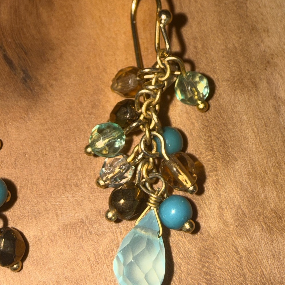 Vintage Italian Cluster Drop Chandelier Earrings Blue Topaz Teardrop Gem Beads - Picture 3 of 6
